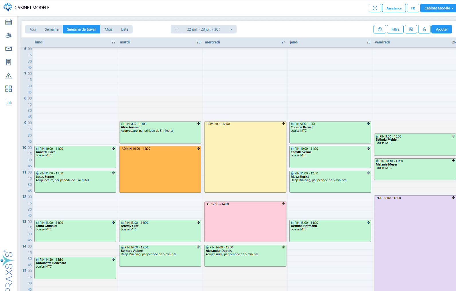 Calendrier PRAXSYS avec aperçu des rendez-vous