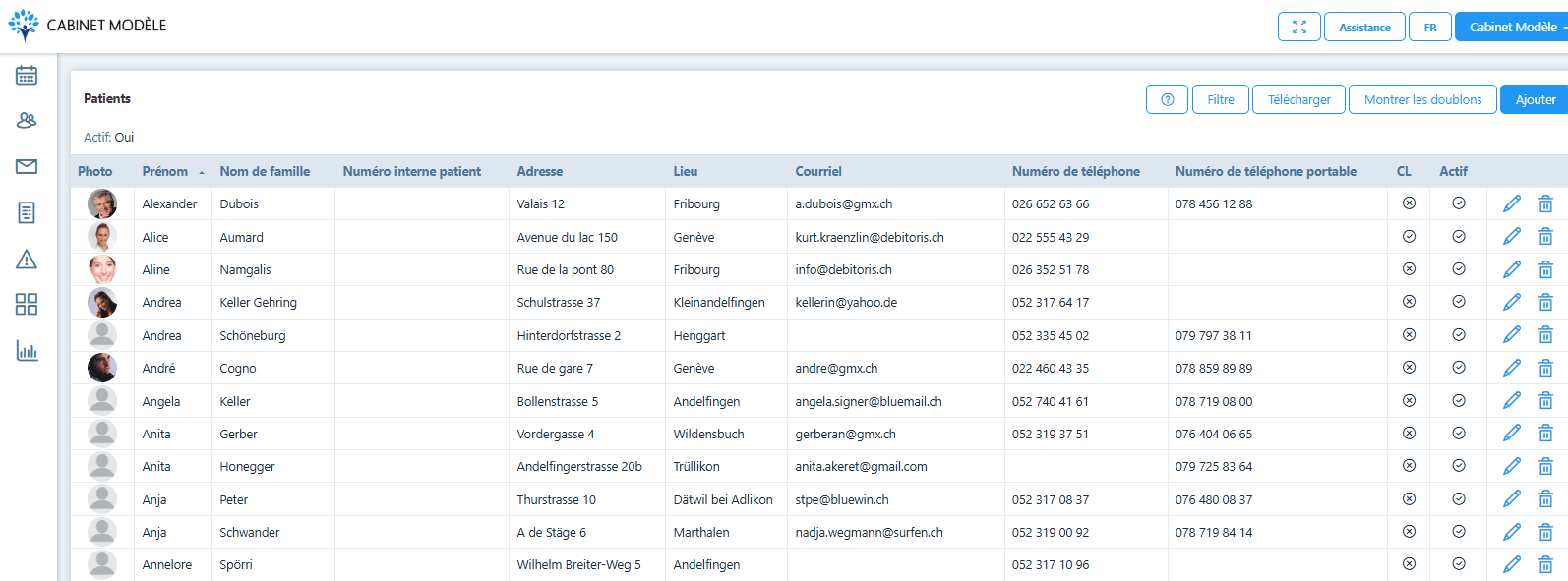 Gestion des données patients PRAXSYS avec coordonnées et informations patient